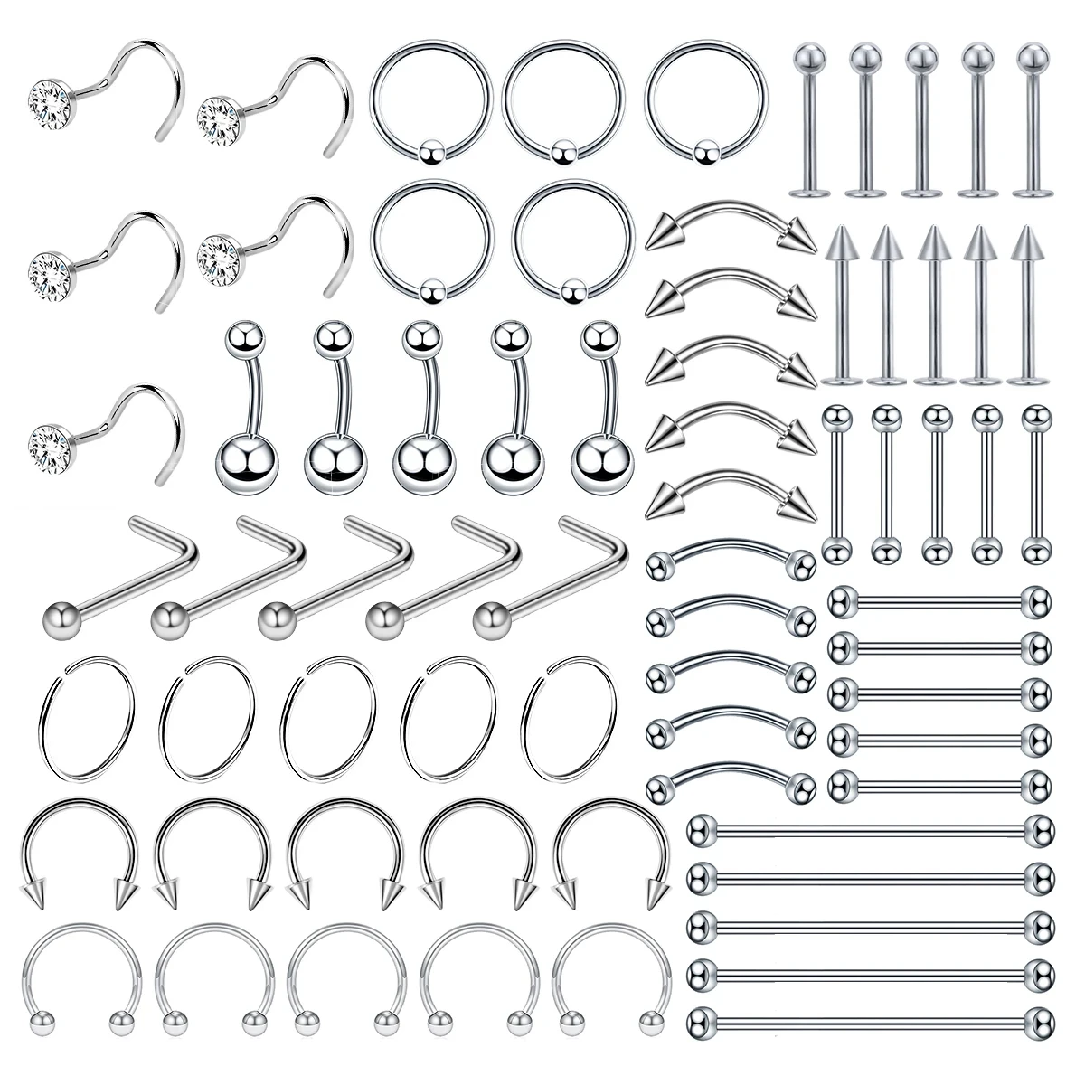 5pc Surgical Steel Body Piercing Jewelry Lot Bulk Nose Ring Tongue Bar Lot Eyebrow Labret Piercing Set Horseshoe Ring Lot Pack