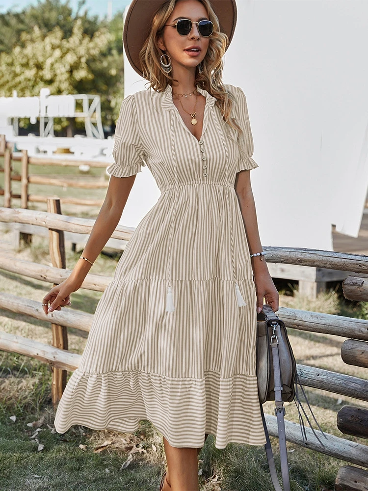 Msfilia Spring Women\'s  Striped Dress Causal Short Sleeve Tassel Medium Long Summer V Neck Button Dresses For Female