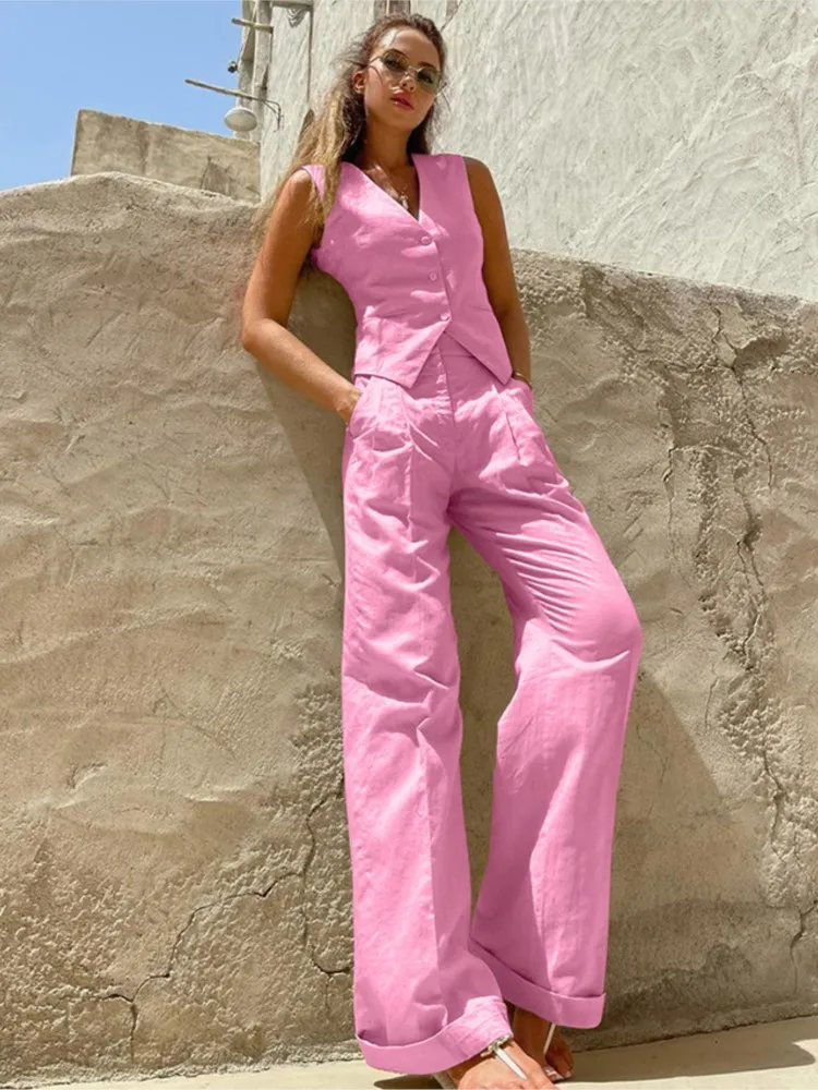 

New Woman 2 Piece Set Outfit Sleeveless Tops Long Pants Two Piece Outfits Solid Color Temperament Holiday All-match Simple Style