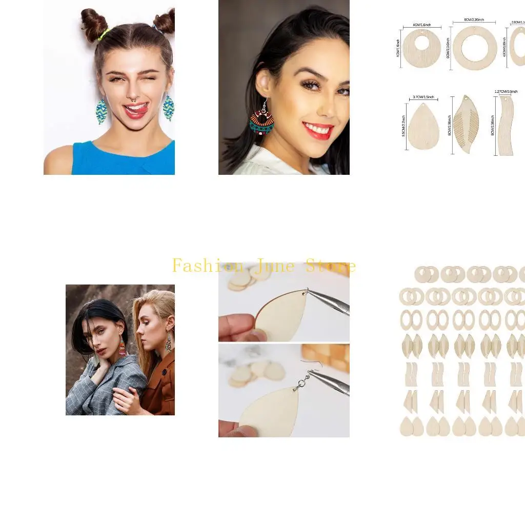 N5KA 70 Pcs/Set Unfinished Wooden Earrings Blanks Jewelry Pendants Making DIY Crafts with Ear Hooks Opening Ring
