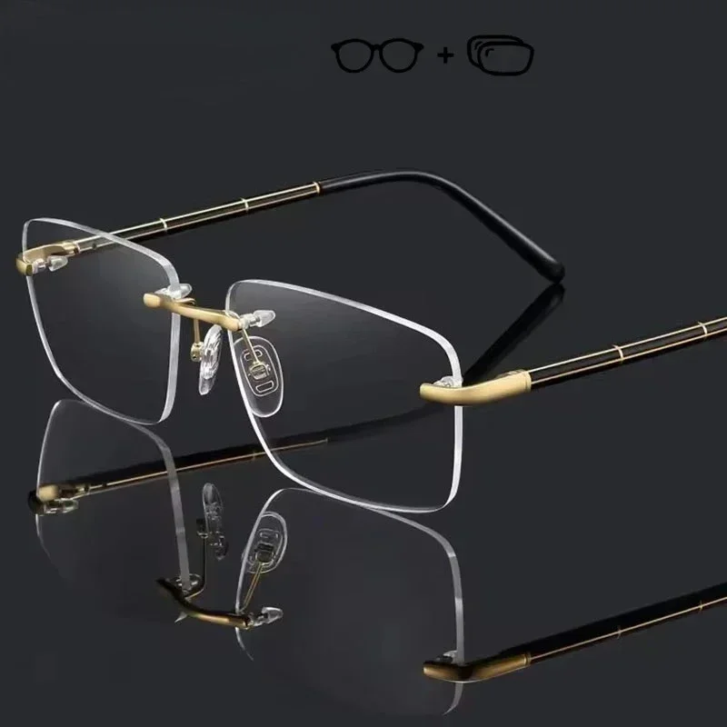 

XUKAGlasses Rimless Eyeglasses Optical Progressiv Prescription Brand Designer Glasses Pure Titanium Square Myopia Eyewear