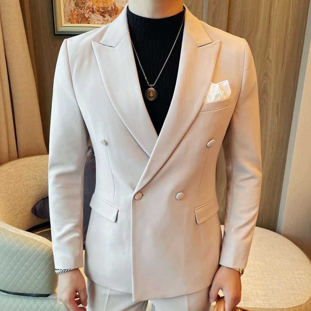 

Мужские пиджаки в британском стиле, двубортный приталенный эластичный пиджак, повседневный деловой свадебный пиджак для жениха Masculino