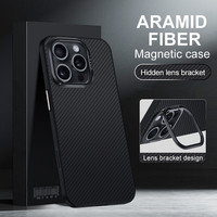 600D Kevlar Carbon Fiber Lens Metal Bracket Shockproof Cover for iPhone 16 15 14 Pro Max 16 Plus Magnetic Wireless Charging Case