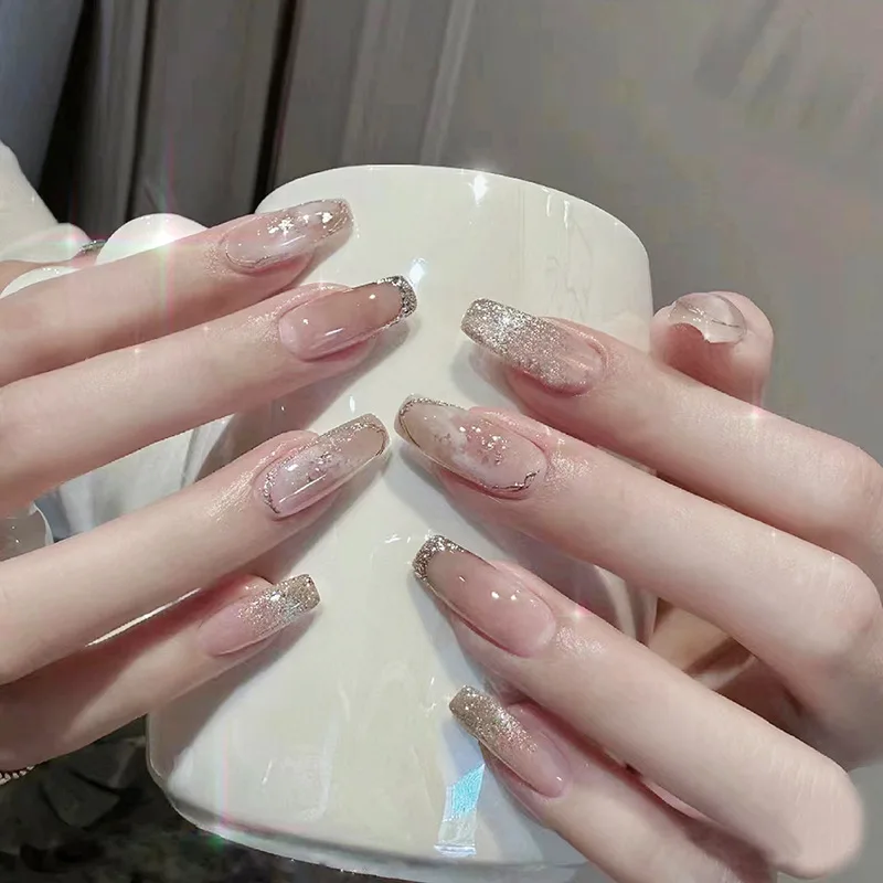 

24pcs Long Coffin French Ombré Press-On Nails - Sheer Glitter Gradient Luxe & Elegant (Multi-Size Fit)