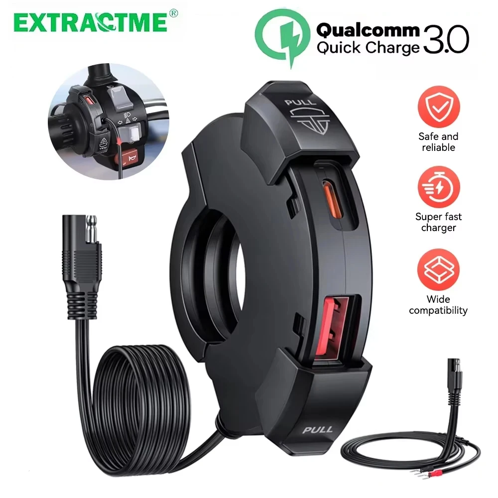 Extractme 48W Motorcycle USB Charger QC3.0 Fast Charger PD Power Adapter Universal for Handlebar Mounted Bracket Phone Camera