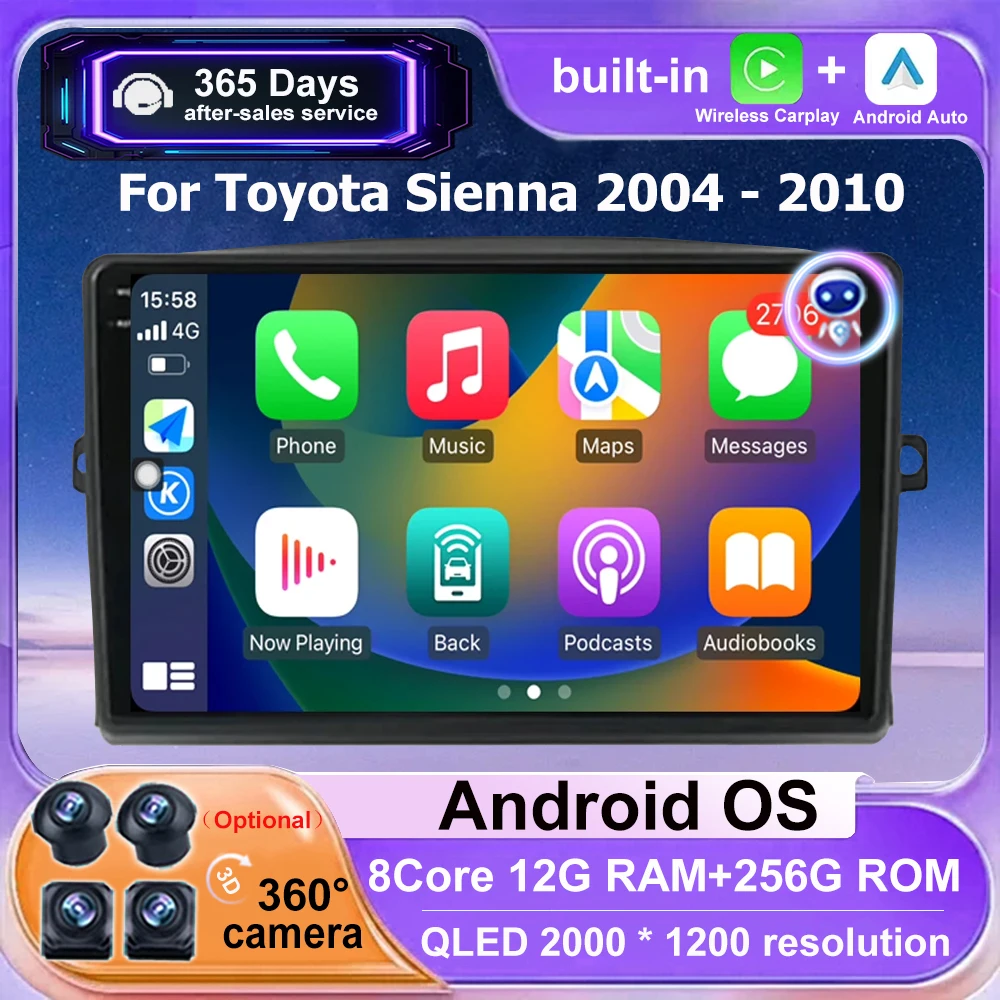 

9 Inch For Toyota Sienna 2004-2010 Android 16 Auto Car Radio Multimedia Video Player GPS Navigation Carplay 4G BT DSP 360 Camera