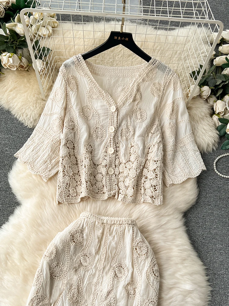 Zomer Boheemse Strandvakantie Set Dames Nieuwe Retro Veelzijdige Holle Korte Vest Halve Rok Tweedelige Set Trendy S43