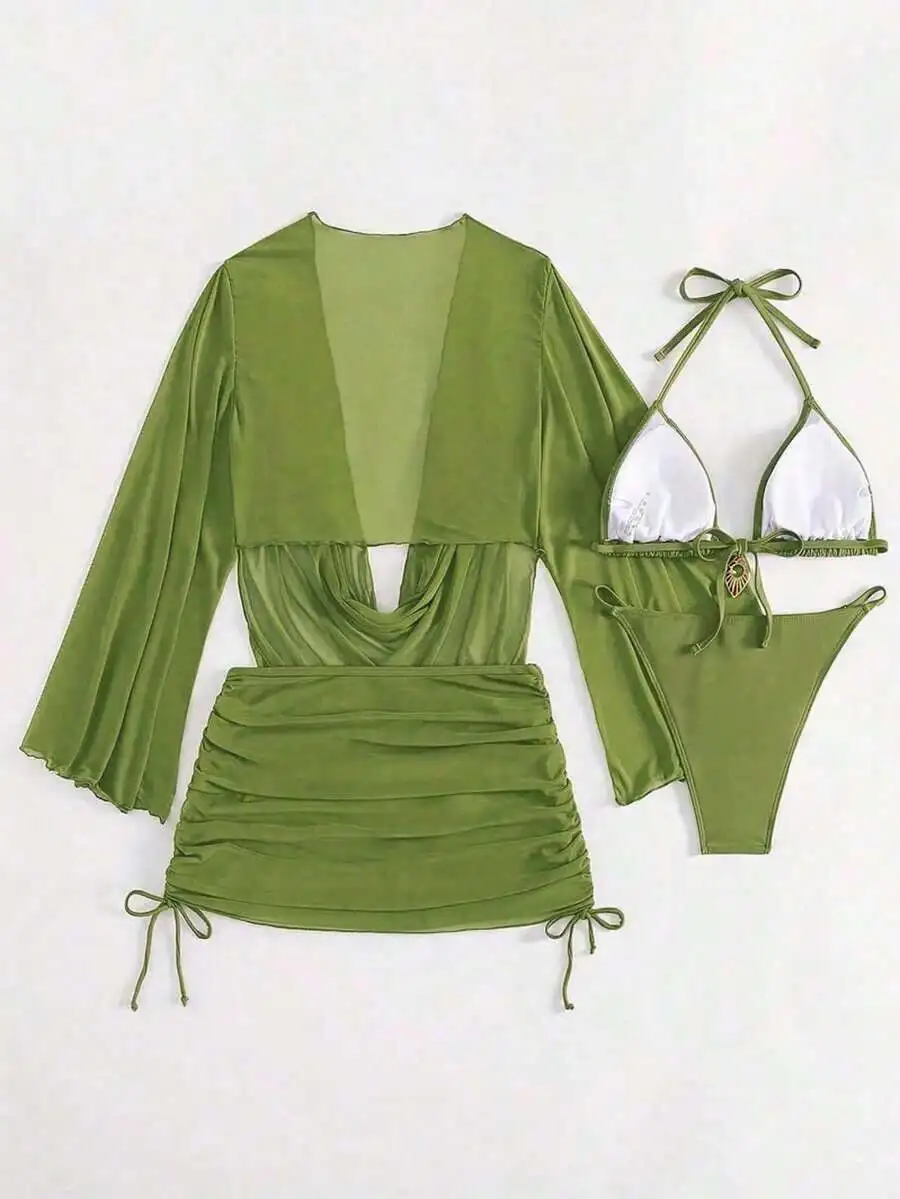 

4-Piece Solid Green Bikini Set With Sheer Cover-Up For Beach Vacation Party