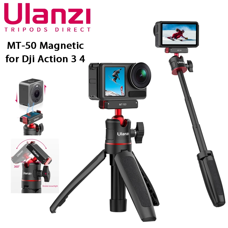 Ulanzi MT-50 mini Trépied Magnétique pour Dji Osmo Action 3 4 Réglable Trépied Stand Quick Release Rotule Action Caméra Accessoire