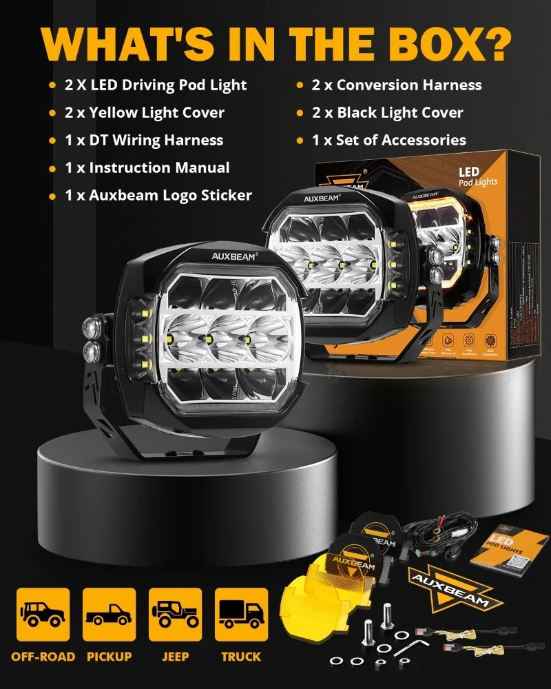 AUXBEAM XP-PRO 5inch Offroad LED Work Light Pods Spotlights WHITE DRL Daytime Running AMBER TURN SIGNAL LIGHT Combo Beam