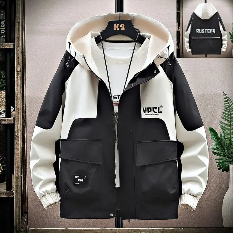 Luxury Brand Men Spring Autumn Jacket Patchwork Hooded Zip Sweatshirt Long Sleeve Windbreaker Sportswear Multi-pocket Outerwear