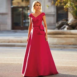 Satin Evening Party Gowns Red V-Neck Cap Sleeves Long Mother of the Bride Dress A-Line Lace Applique Sexy Wedding Guest