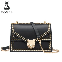 FOXER Women Split Cow Leather Fashion Chain Shoulder Bag Small Crossbody Handbag Purse