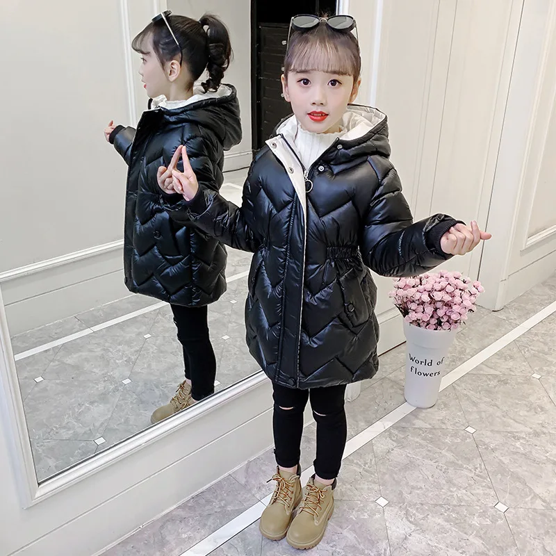 ZOETOP Winter Cotton Jacket For Girls Children Girl Long Shiny Hooded Padded jacket School Girl Thicken Warm Parkas Coats