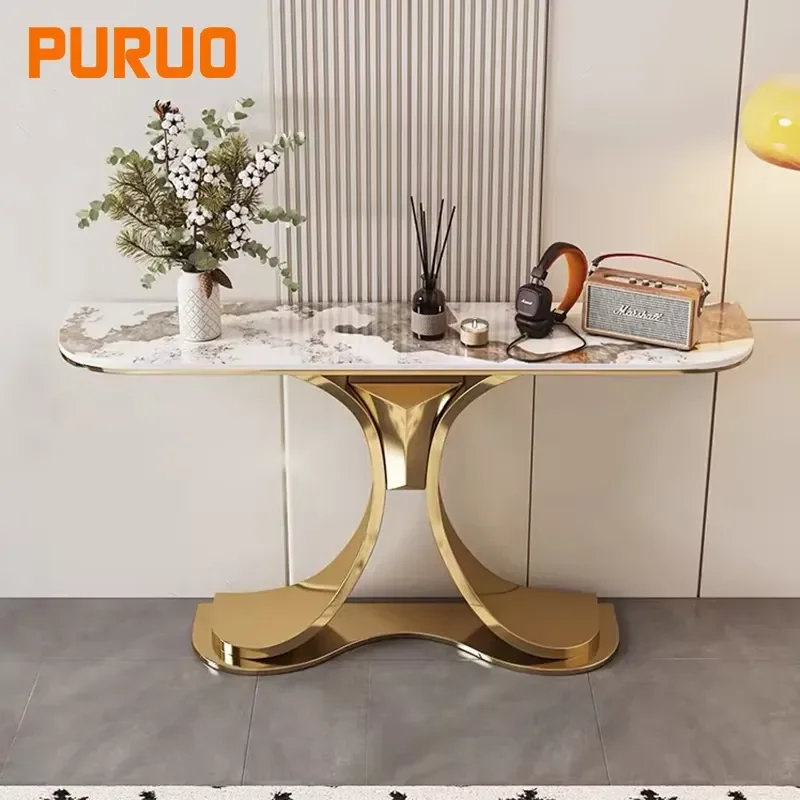 Modern Entryway Hallway Extendable Stone Top Long Narrow Console Table Gold Stainless Steel Base Design for Living