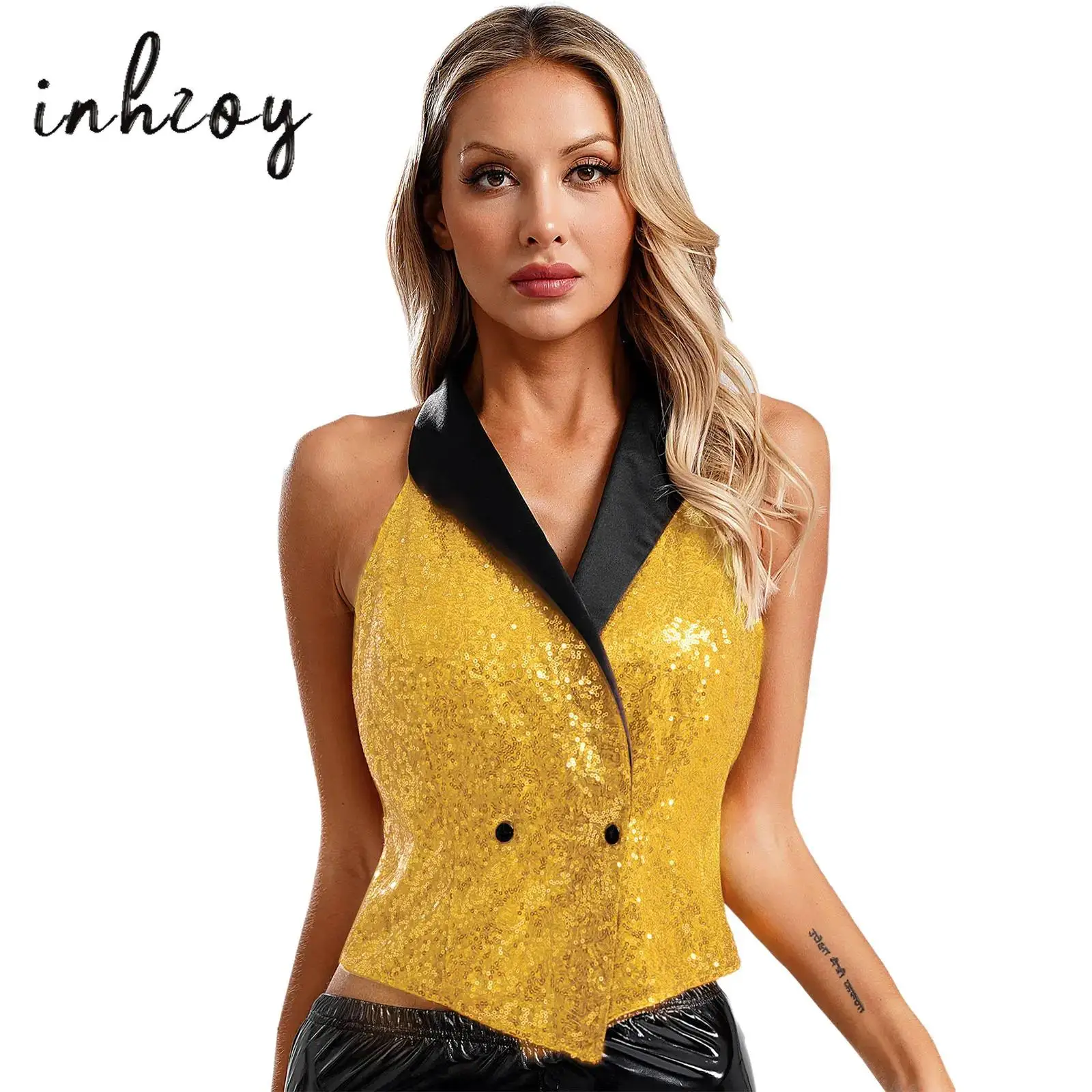 

Женский жилет для джазовых танцев, топ с v-образным вырезом и лацканами без рукавов, блестящая блузка с блестками, топы для вечерней вечеринки, банкета, коктейля, клуба