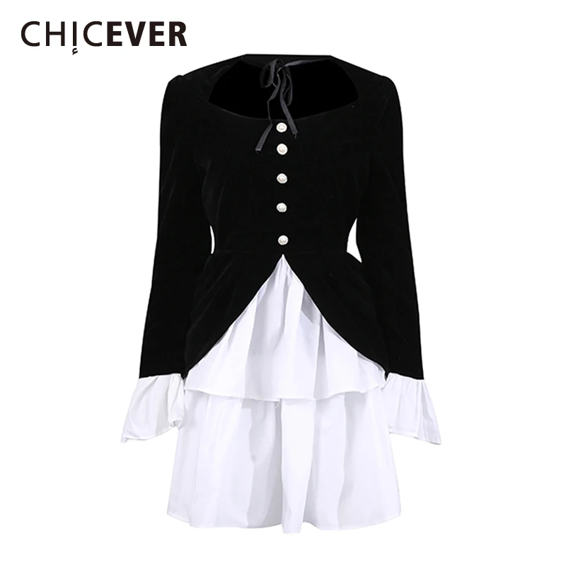 CHICEVER Colorblock Spliced Single Breasted Dress Female Square Collar Long Sleeve Elegant Women's Dresses Summer Fashion New