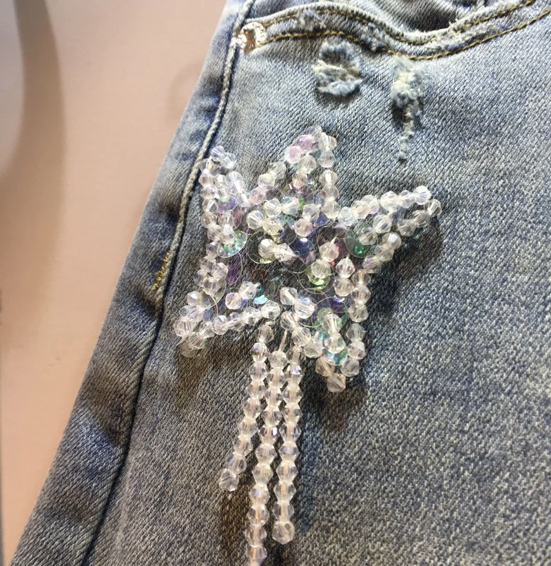 Handmade Tassel Heavy Beaded Diamond Baggy Jeans Women Cotton Stretch Slimming High Waist Denim Pants 2023 New Spring Trousers