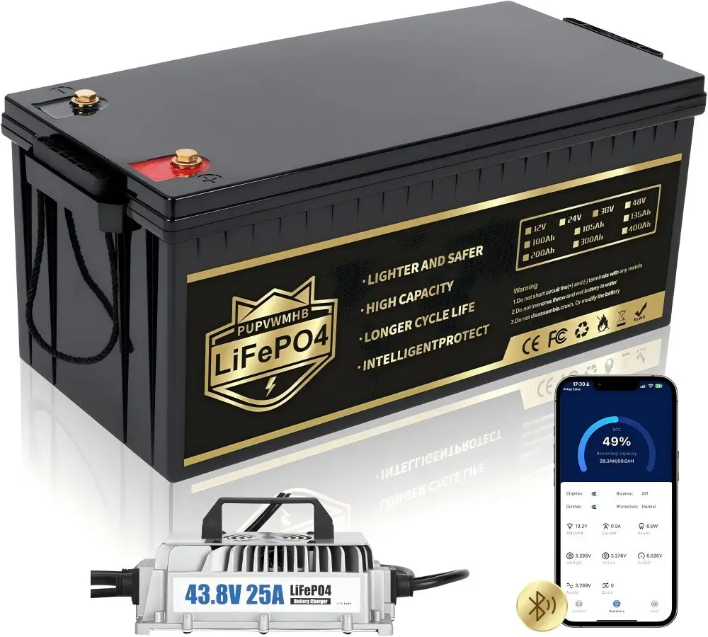 

36V 105Ah LiFePO4 Golf Cart Battery Built-in Smart 200A BMS Max 7.68kW Output W/ 43.8V 25A Charger for Golf Cart Trolling Motor