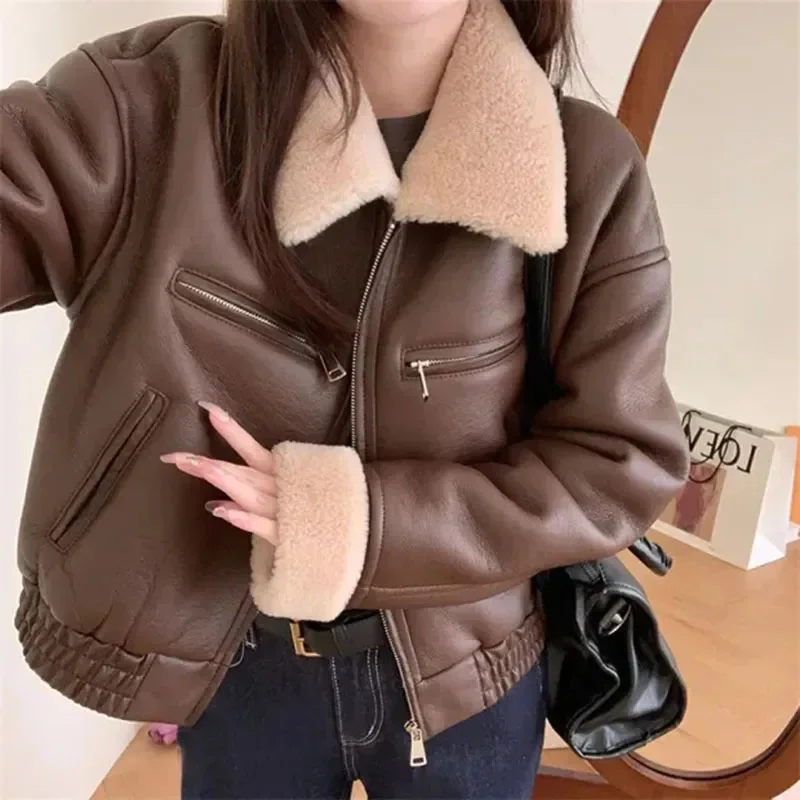 

GIDYQ American Retro Fur Pu Short Coat Women Harajuku Vintage Bomber Jacket Korean Zipper Long Sleeve Turn Down Collar Outwear