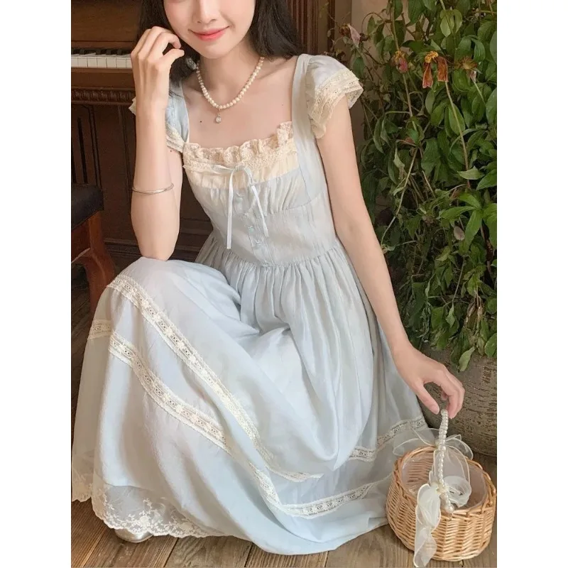 2025 Summer French Retro Style Dress Women Sweet Lace Edge Flutter Sleeve Clothes Bow Blue Long Dresses Elegant Chic Style New