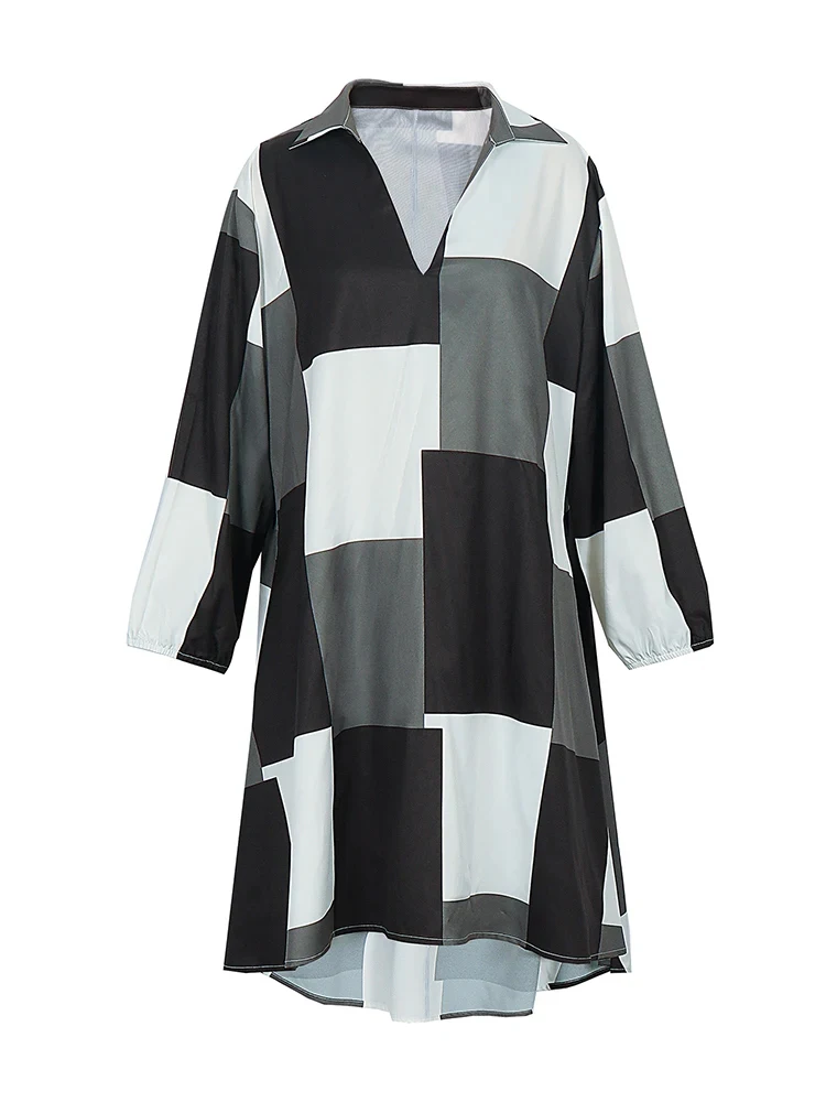 Plus Size 2024 Summer New Women\'s Casual V Neck Long Sleeve Plaid A Line Dress Oversized Outdoor Dress for Female