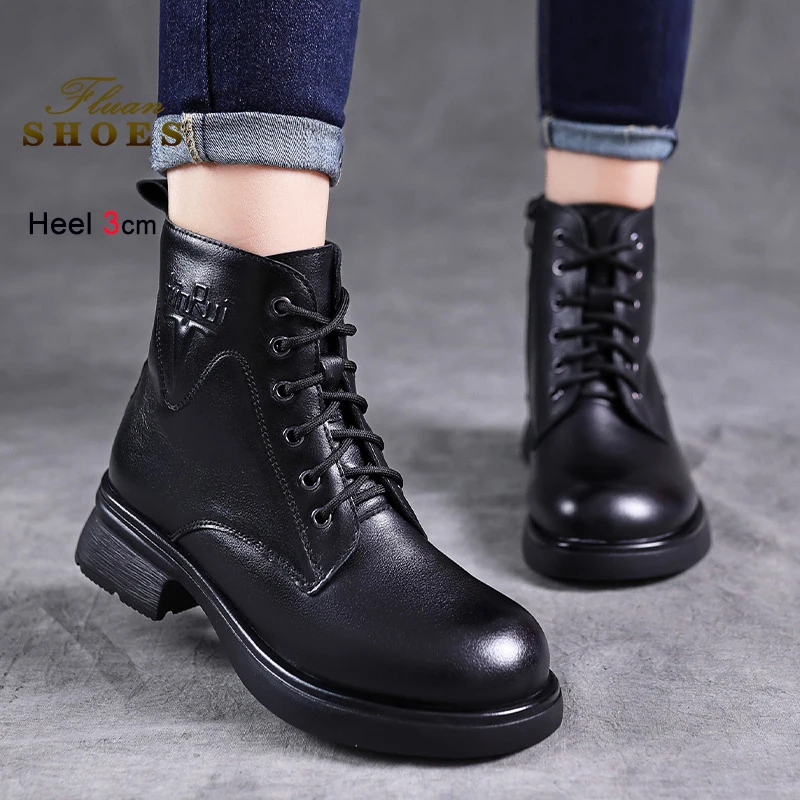 

2025 зимние женские теплые короткие ботильоны с шерстяной подкладкой и круглым носком, черная повседневная обувь 3 см, женские ботильоны из коровьей кожи высокого качества