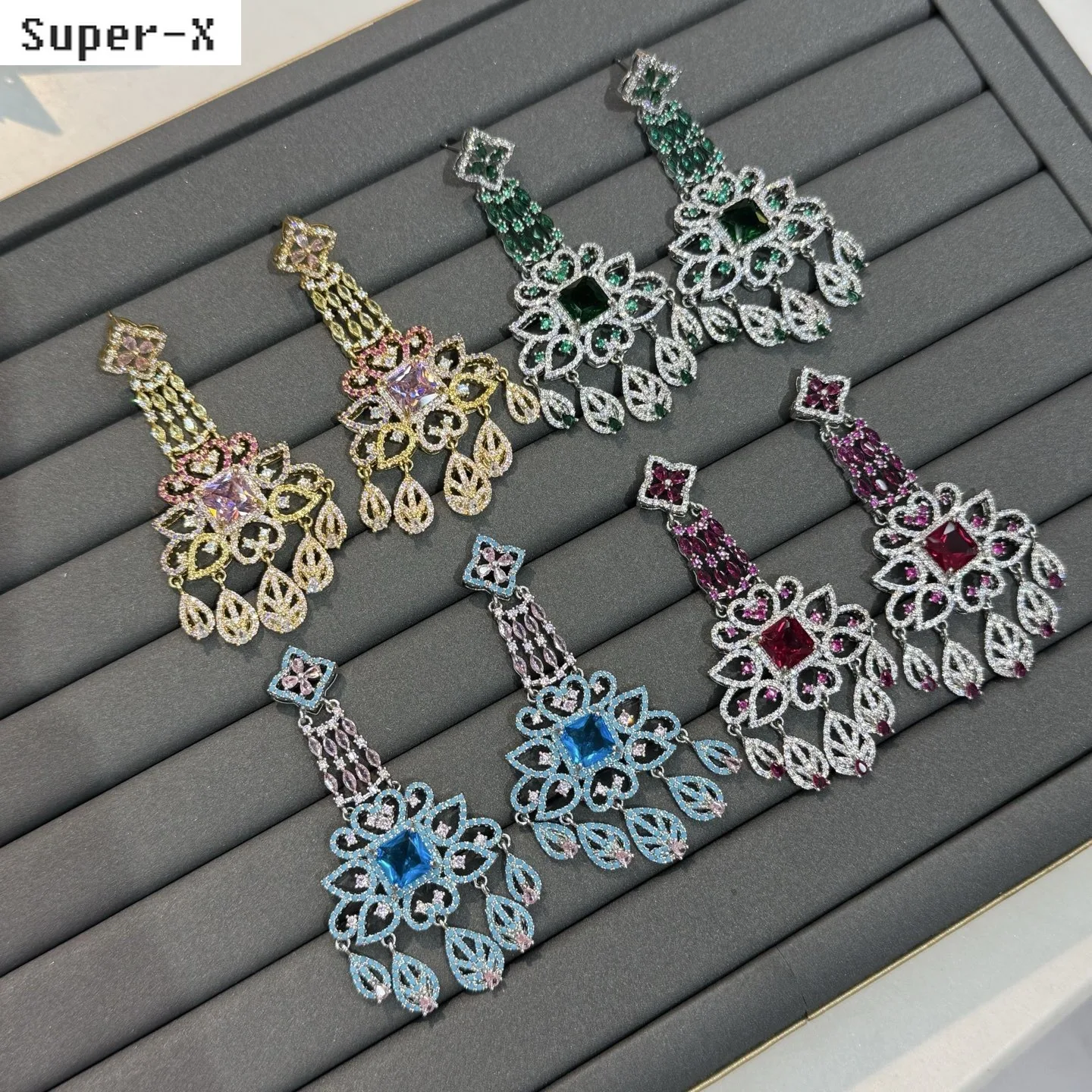 unique cubic zirconia earrings women luxury jewelry gala event party dangling earrings Chinese style blue green fushia yellow