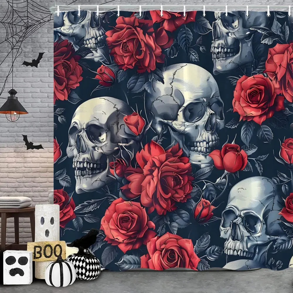Spooky Horror Halloween Skeleton Crow Shower Curtain Black Bat Black Cat Polyester Fabric Bath Curtain Bathroom Decor