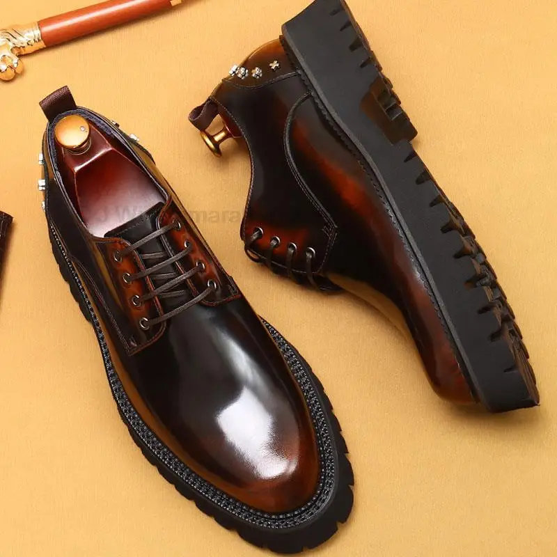 HKDQ Men\'s Oxfords Genuine Leather Male Wedding Party Dress Shoes For Men Round Head Lace-Up Office Suit Formal Derby Shoes