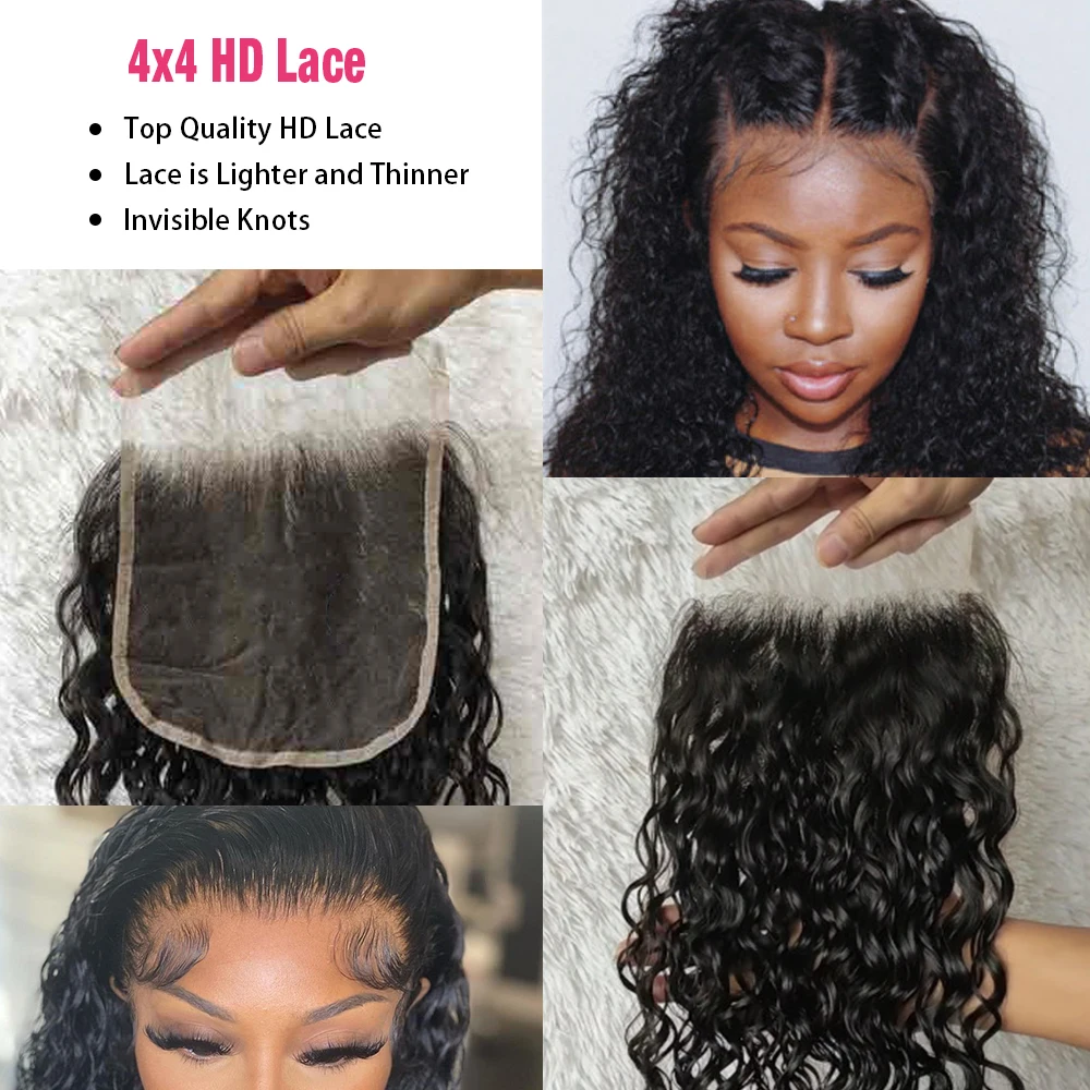وصلات شعر بموجة مياه Megeen للنساء ، إغلاق دانتيل شفاف ، خط شعر طبيعي منتوف مسبقًا ، أسود 1B ، HD ، 4x4 ، 5x5 ، 6x6