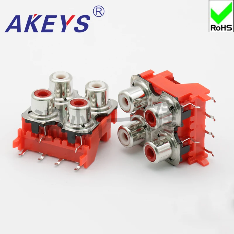 5pcs AV4-8.4-13PB red same core socket AV4 hole 6-pin RCA PCB video socket with shielded lotus socket