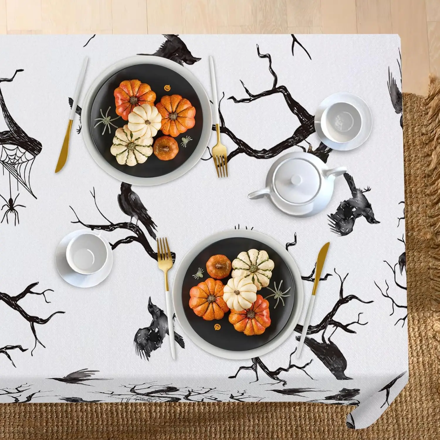 Halloween Crow Branches Rectangle Tablecloth for Table Decoration Halloween Theme Gothic Skull Black Cat Table Cloth Home Decor