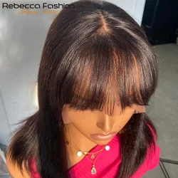 Minimalista Parte Média Lace Bob Wig, Franja Franja, Perucas de Cabelo Humano Liso, Parte Do Cabelo, 180D