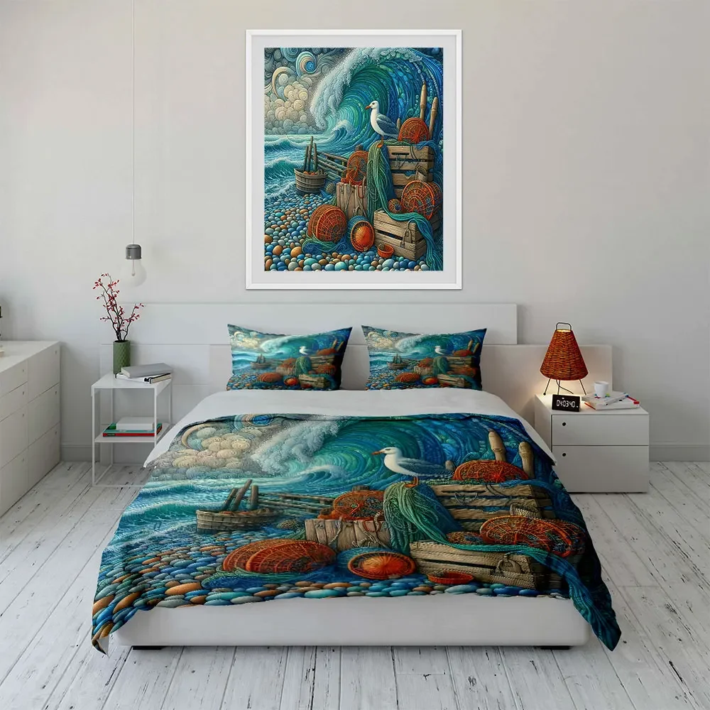 Coastal Ocean Decor Set Bedding Set with 1 Duvet Cover 2 Pillowcases Single Double King Queen, Gift