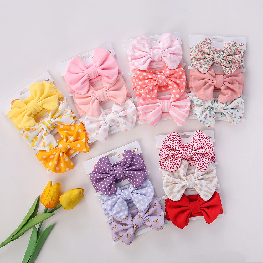 3Pcs/Set Cute Cotton Bows Baby Headbands Newborn Infant Ealstic Hairbands Boys Girsl Dot Striped Flower Print Kids Headwraps