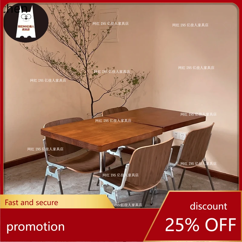 HT Cafe Baking Restaurant Solid Wood Table and Chair Combination Stainless Steel Small Round Square Table
