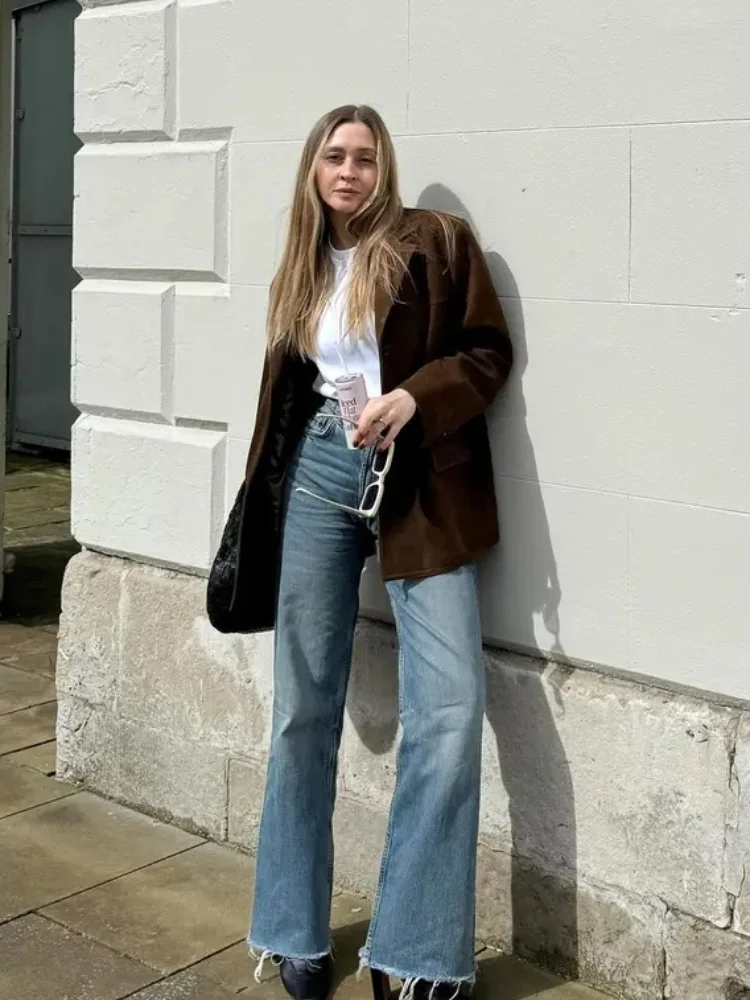 

Women's Blazer Suede Jacket Spring 2025 Outerwears Brown Long Sleeve Blazer Vintage Solid Fitted Coat Old Money Jackets