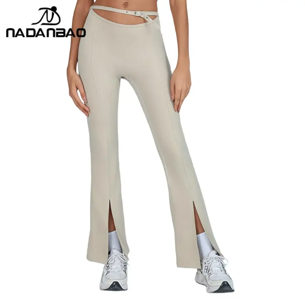 Nadanbao Fashion Women Yoga Flared Pants High Waist Hip-Lifting Trousers Buckle Slit Elastic Bottoms Fitness Training Sportswear