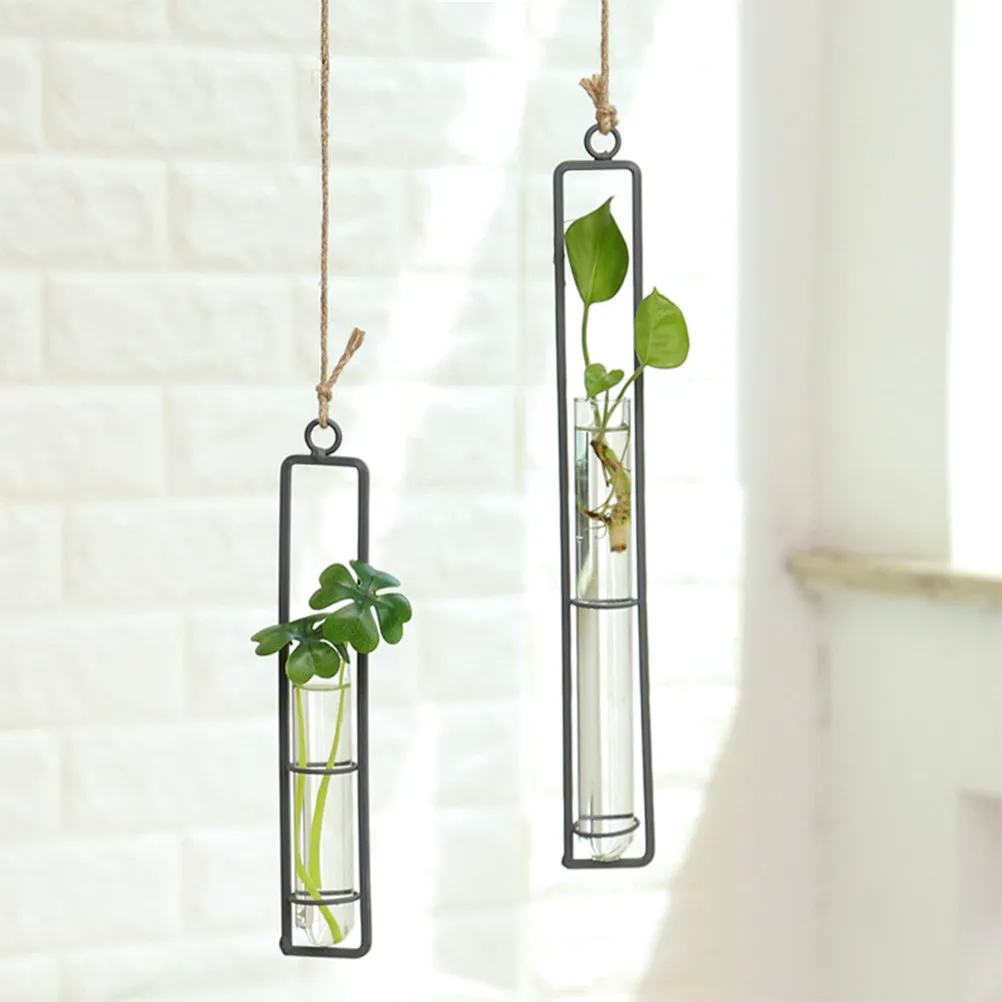 Hanging Iron Frame Glass Planter Vase for Dried Fresh Faux Flowers Indoor Outdoor Home Office Garden Wedding Decoration S Size