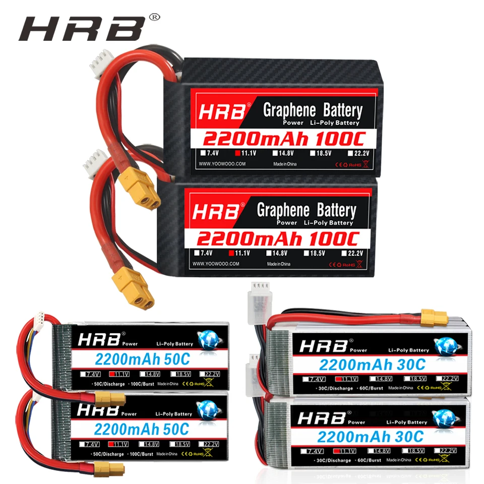 2PCS HRB 3S 11.1V Lipo Battery 2200mAh 30C 50C 100C T XT60 Plug For RC Airplane Helicopter Quadcopter FPV Drone Car Racing Hobby