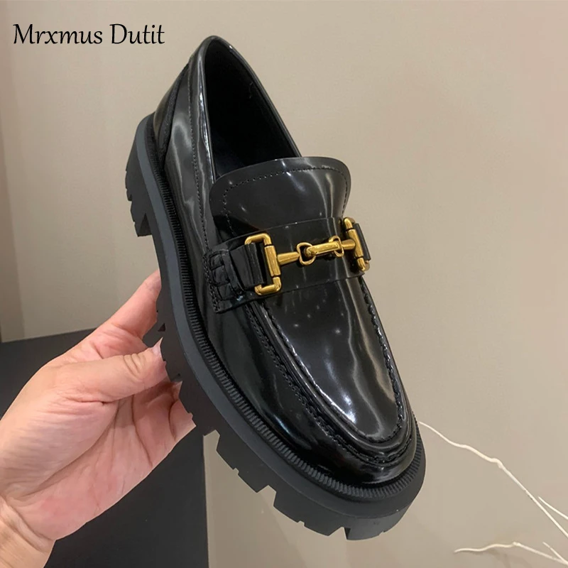 Mrxmus Dutit 2024 New Women Genuine Leather Round Head Thick Loafer Shallow Black Wild Casual Simple Slip-on Shoes Female