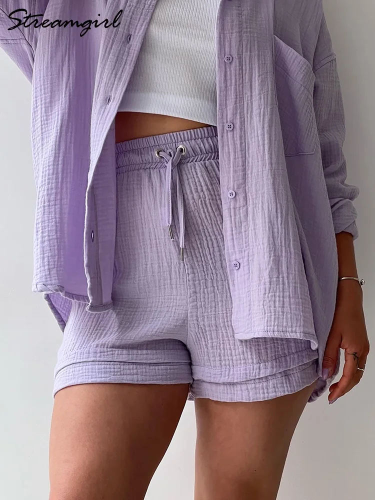 Oversize Shirt And Shorts Sets For Women Spring Womens Two Peice Sets Cotton Loose High Waist Shorts With Shirts Sets Women 2023