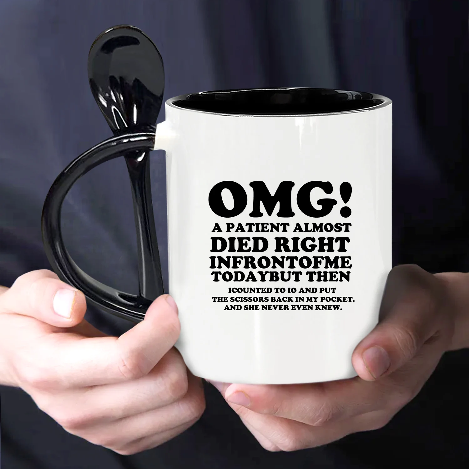 1PC, Nurse Practitioner Gift, OMG A Patient Almost Died Right In Front Of Me Coffee Mugs, 11oz Ceramic mug with spoon, black