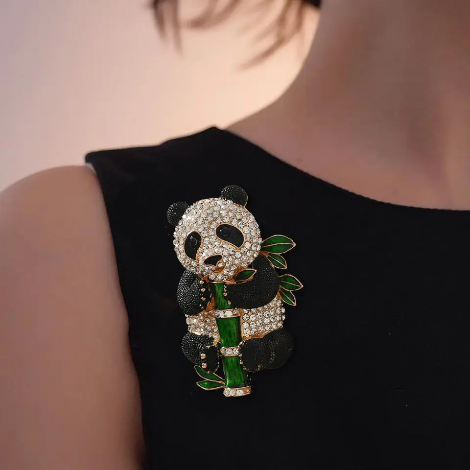Vintage Full Rhinestone Large Panda Holding Bamboo Brooch Enamel Animal Pin Coat Jacket Apparel Accessory For Women Stylish Gift