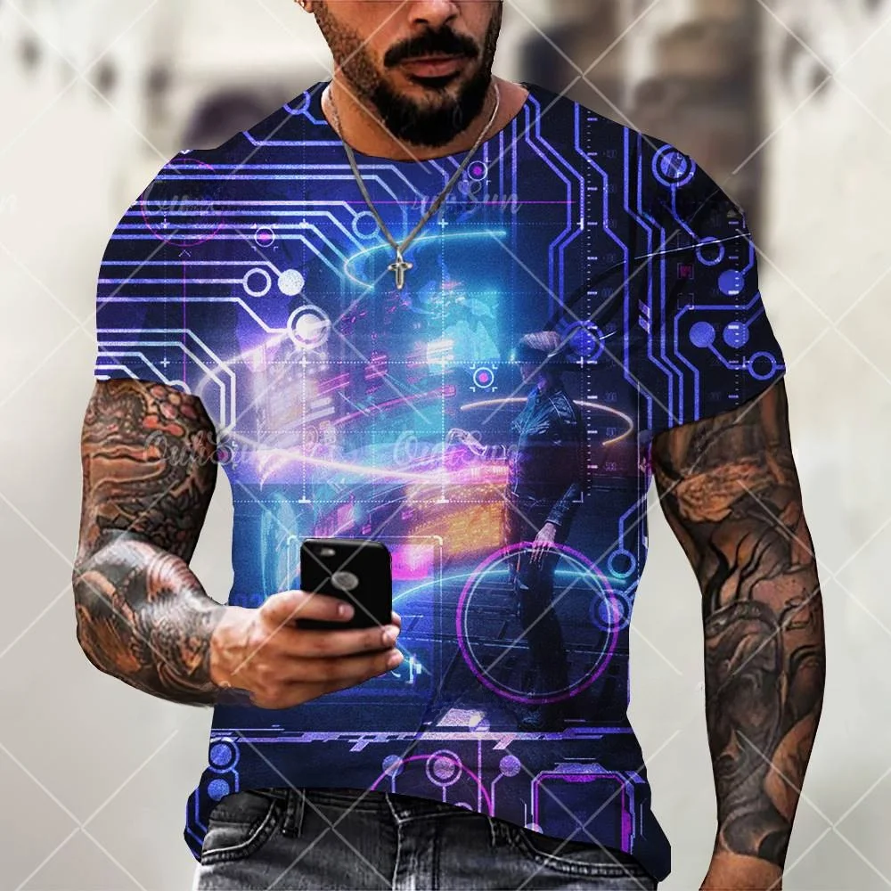 Tend 3DT Shirt Electronic Fine Circuit Board Mens Street Pun Business Gentleman Loose Fit Short Sleeve Abstract Pattern Print