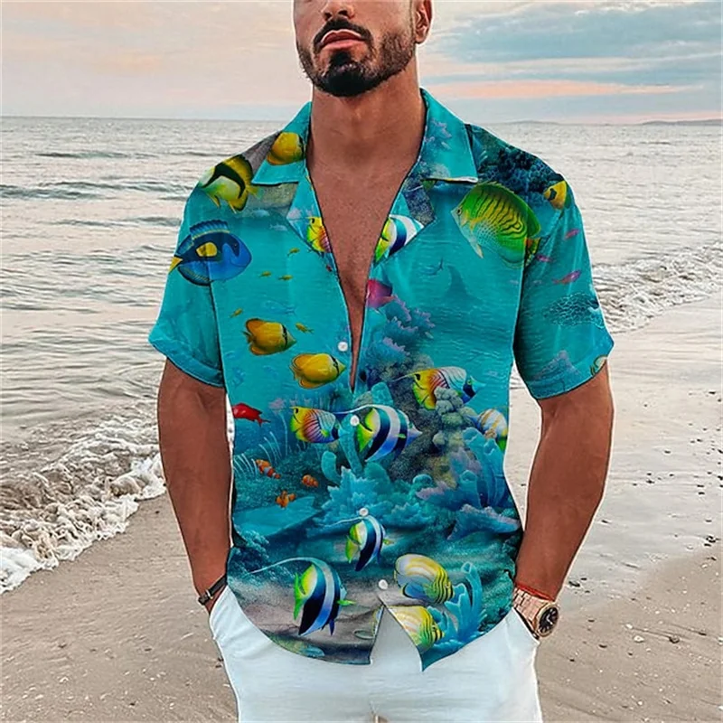 Men\'s Ocean Elements Breathable Shirts Men\'s Hawaiian Fish Print Shirts Beach Casual Shirt Fashion Men\'s Short Sleeve Shirts