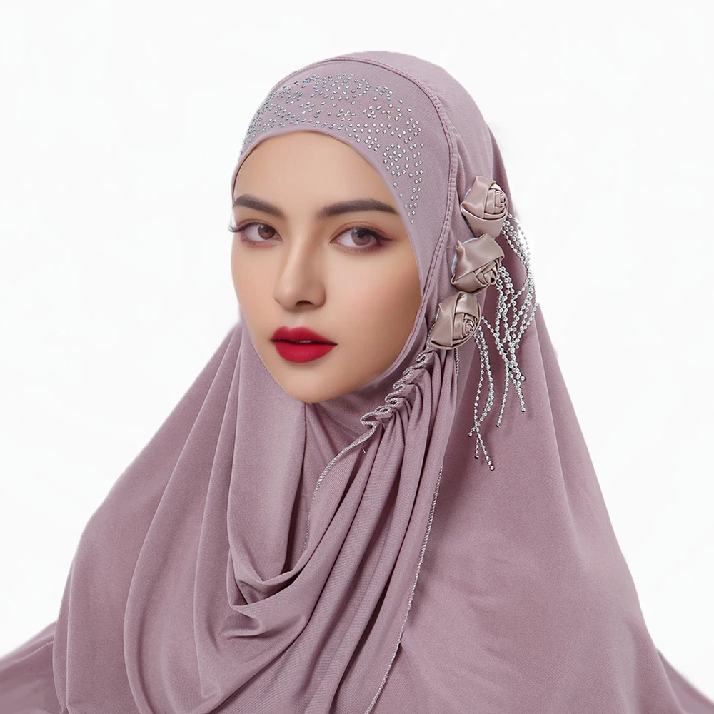 RIMAIRE Pure Color Muslim Inner Hijab with Diamond and Flower Decoration Soft and Comfortable Hijabs for Women New Headscarf