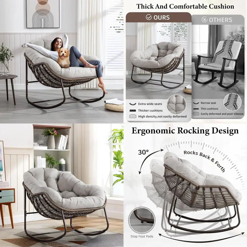 

Jumbo Outdoor Wicker Rocking Chair with Plush Cushion and Durable Frame