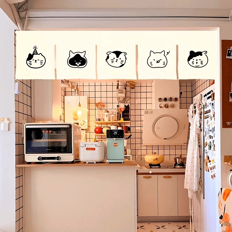 VIKAMA Japanese Cat Valance Curtain Kawaii Cartoon Cat & Japanese Text Print Pennant Short Curtain for Kitchen Home Decor